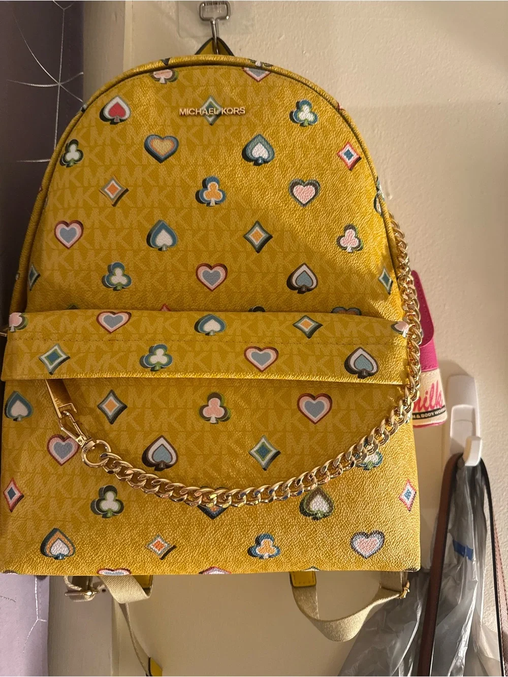 Michael Kors Yellow Logo Heart & Club Print Backpack with Gold Chain